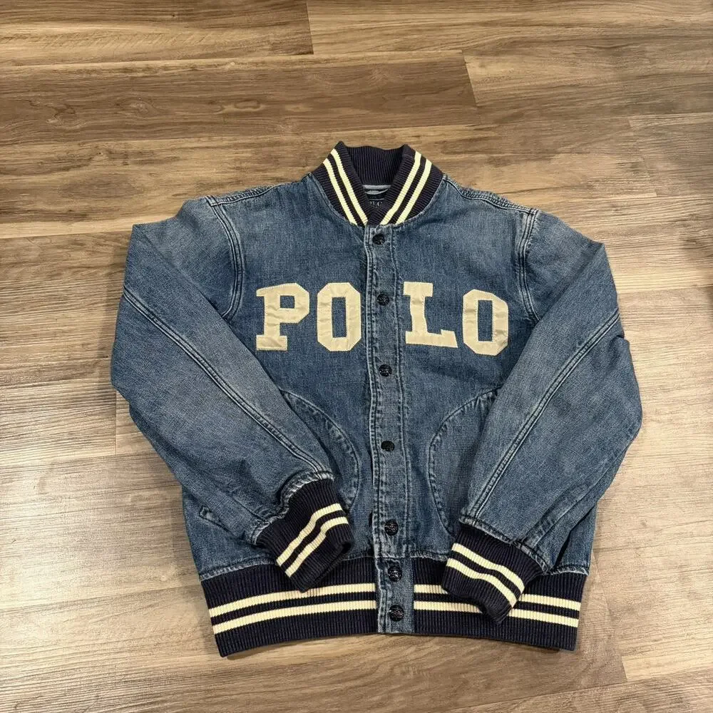 Polo Ralph Lauren Denim Varsity Jacket Mens small Logo Spellout Blue Cream Trim